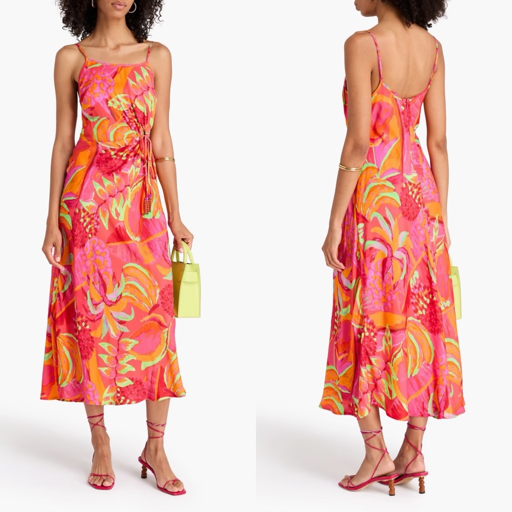 FARM Rio Fruit Brush Cut Out Midi Dress Satin
